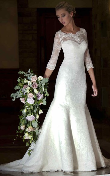 Mermaid 3-4-Sleeve V-Neck Lace Wedding Dress With Illusion