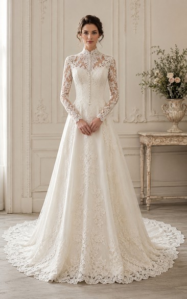 Vintage High Neck Long Sleeve Lace A-Line Wedding Dress