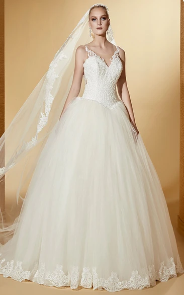 V-neck Puffy Wedding Gown with Lace Corset and Open Back