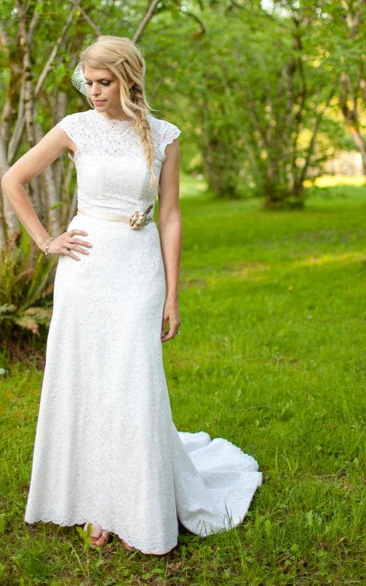 Lace Cap Sleeve High Neck Sheath Gown With Beaded Waistband
