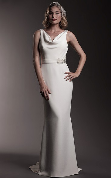 Cowl Floor-Length Jeweled Chiffon Wedding Dress With Brush Train And Backless