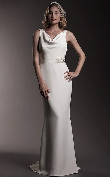 Cowl Floor-Length Jeweled Chiffon Wedding Dress With Brush Train And Backless