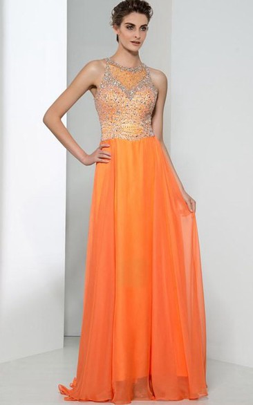 Jewel Neck Beading Sequins Prom Dress