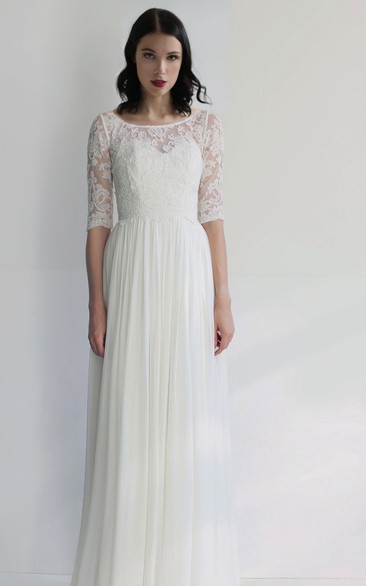 Ethereal Sheath Chiffon Bateau Half-Sleeve Wedding Dress with Pleat