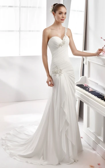 One-Strap Sheath Chiffon Wedding Dress With Side Draping And Pleated Details
