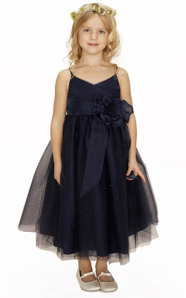 Flower Girl Spaghetti Straps Surplice Neck Tulle Ball Gown