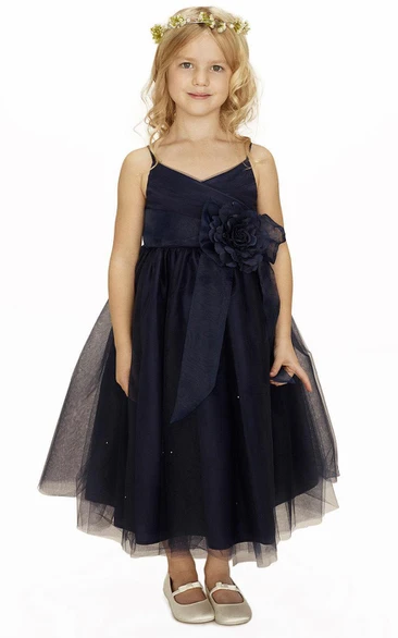 Flower Girl Spaghetti Straps Surplice Neck Tulle Ball Gown