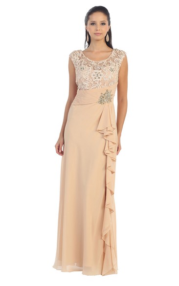 Sheath Scoop-Neck Sleeveless Chiffon Zipper Dress With Lace And Draping
