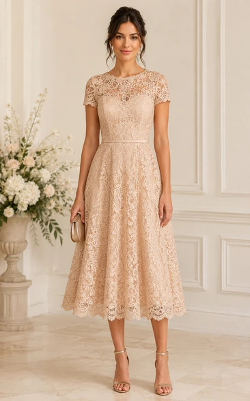A-Line Tea-Length Bateau Short Sleeve Lace Wedding Guest Dress with Lace