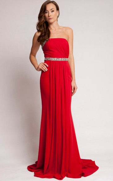 Sheath Beaded Long Sleeveless Strapless Chiffon Prom Dress With Backless Style And Pleats