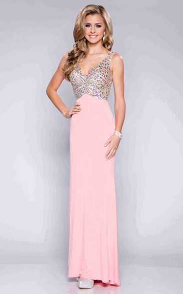 V-Neck Sleeveless Column Chiffon Prom Dress With Rhinestone Bodice