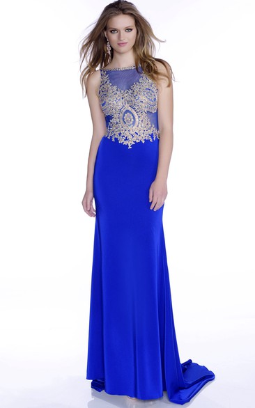 Jeweled Bodice Open Back Sleeveless Form-Fitted Chiffon Prom Dress With Bateau Neck