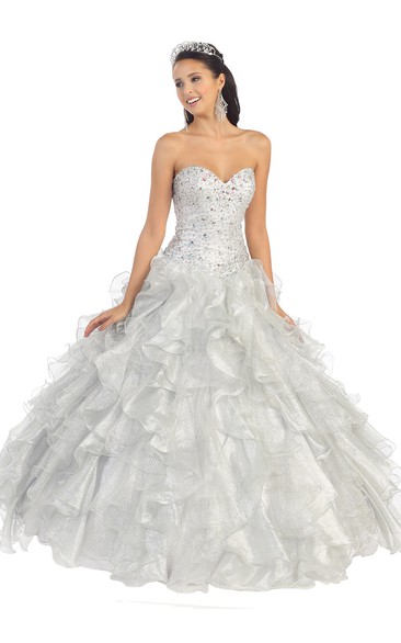 Ball Gown Sweetheart Organza Lace-Up Dress With Beading And Cascading Ruffles