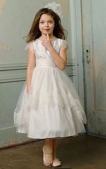 Flower Girl Tulle Cap Sleeve Taffeta Ball Gown With Sash