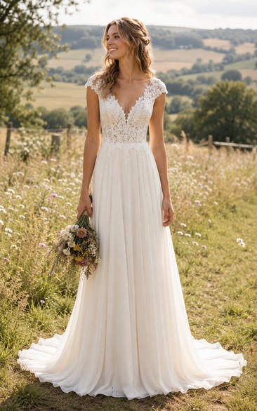 Country V-neck Chiffon A-line Wedding Dress with Lace