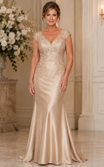 Champagne Satin V Neck Mother Gown Champagne V-neck Mermaid Floor-length