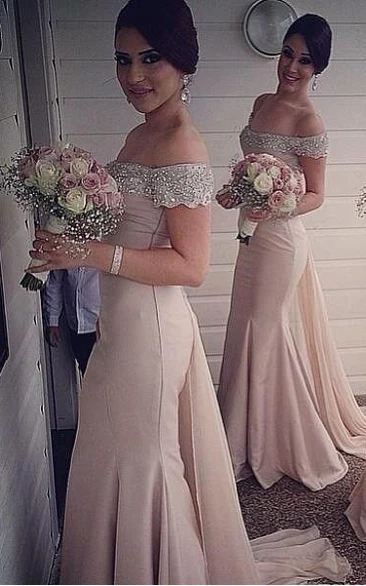 Sexy Off-the-shoulder Mermaid Bridesmaid Dress Beadings Sweep Train