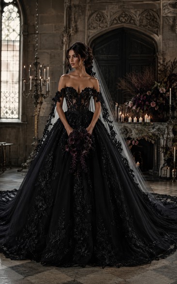 Black Off-the-Shoulder Lace Ball Gown Wedding Dress