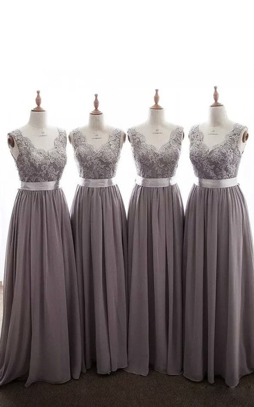 V-neck Sleeveless Floor-length Chiffon Lace A-Line Dress