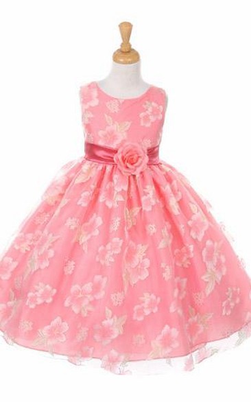 Tea-Length Tiered Organza&Satin Flower Girl Dress