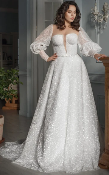 Plus Size Sweetheart Beaded Plus Size A-line Puff-sleeve Modest Wedding Dress