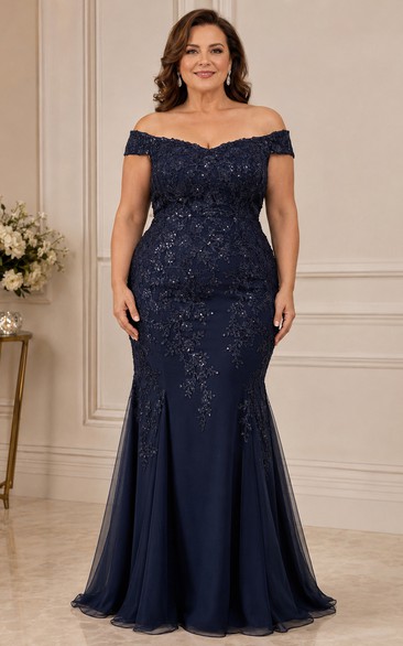 Plus Size Mermaid Off-the-Shoulder Short Sleeve Sequins Mother Dress with Sequins
