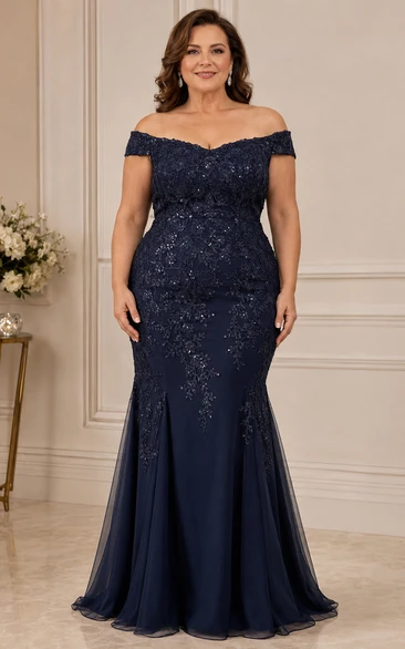 Plus Size Mermaid Off-the-Shoulder Short Sleeve Sequins Mother Dress with Sequins