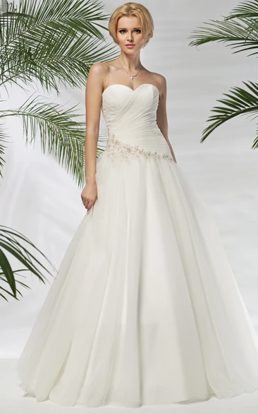 A-Line Floor-Length Sweetheart Sleeveless Criss-Cross Tulle Wedding Dress With Waist Jewellery
