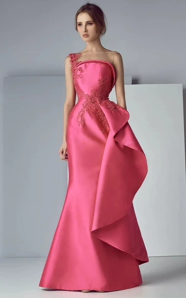 Satin Sheath One-shoulder Applique Peplum Formal Evening Dress