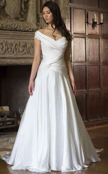 V-Neck Satin Chiffon Wedding Dress With Ruching
