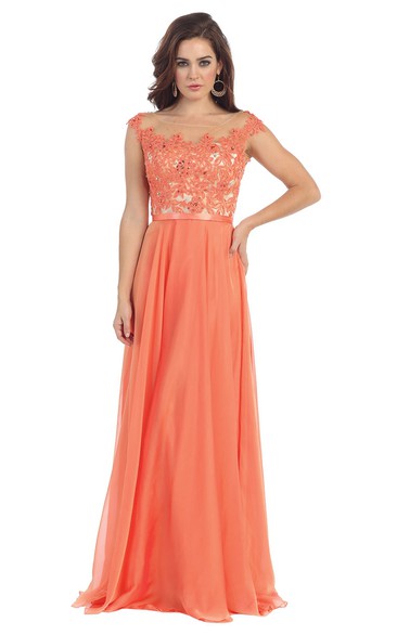 A-Line Long Bateau Cap-Sleeve Chiffon Illusion Dress With Appliques And Pleats