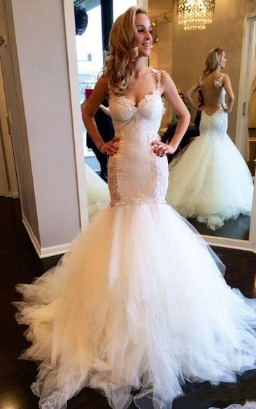 Sexy Sweetheart Spaghetti Straps Illusion Back Lace Appliques Mermaid Wedding Dresses 