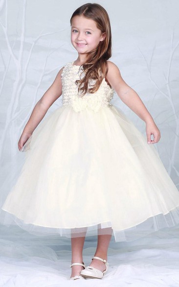 Tea-Length Bowed Tiered Tulle Flower Girl Dress