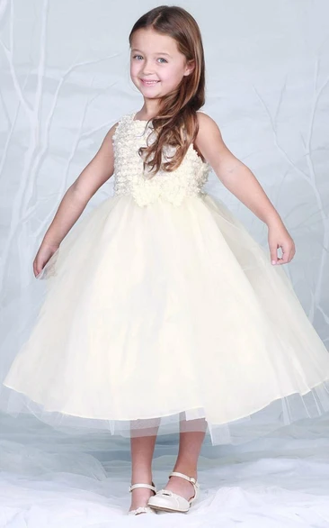 Tea-Length Bowed Tiered Tulle Flower Girl Dress