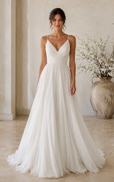Simple Beach A-Line Wedding Dress with Spaghetti Straps and Flowing Chiffon Train