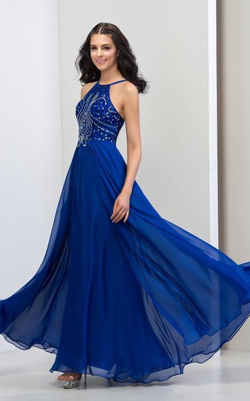 A-Line Halter Sequins Long Prom Dress