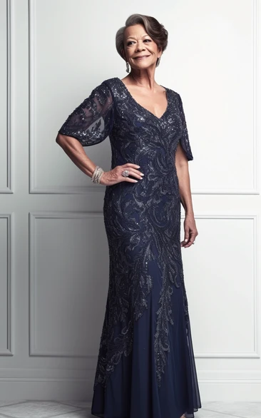 Half-sleeve V-neck Sheath Exquisite Sequin Blue Mother of Bride Dress
