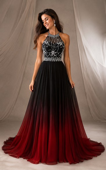 Tulle Prom Dress in Black, Halter, High Neck A-Line Floor-Length Gown with Beading and Ombre