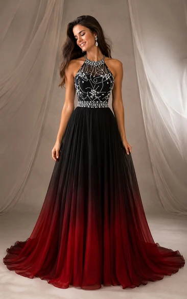 Tulle Prom Dress in Black, Halter, High Neck A-Line Floor-Length Gown with Beading and Ombre