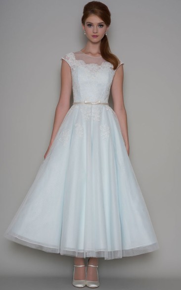 Ankle-Length A-Line Cap Sleeve Scoop Neck Appliqued Tulle Short Wedding Dress