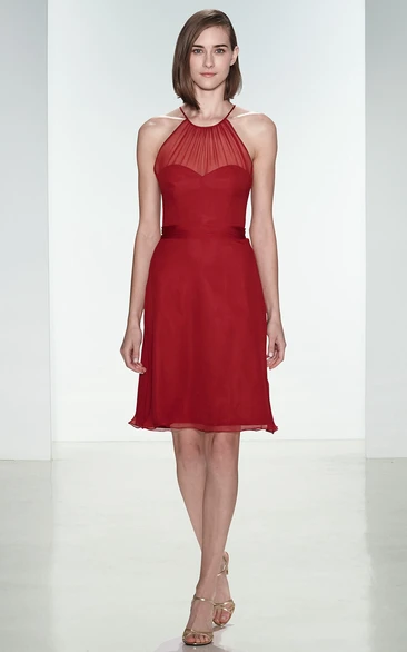 Sleeveless Short Scoop-Neck Chiffon Bridesmaid Dress With Ruching And Illusion