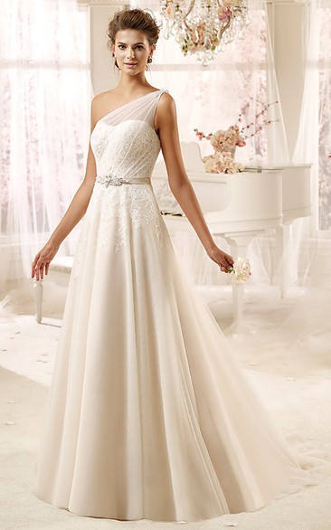 Sweetheart One-Shoulder Draping Wedding Dress With Tulle Strap And Satin Sash