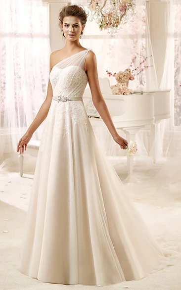 Sweetheart One-Shoulder Draping Wedding Dress With Tulle Strap And Satin Sash