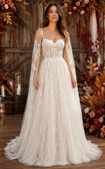 Boho A-Line Wedding Dress Off Shoulder Sweetheart Tulle Lace Applique Floor Length Chapel Train Ivory