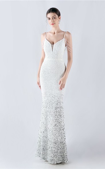 Velvet-Bottom Gradient Sequined Sexy Beaded Suspender Evening Dress