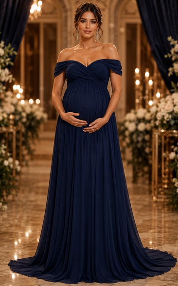 Maternity A-Line Maternity Dress with Off-the-shoulder, Short Sleeve and Pleats Drape, Floor Length