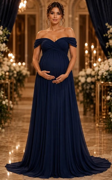 Maternity A-Line Maternity Dress with Off-the-shoulder, Short Sleeve and Pleats Drape, Floor Length