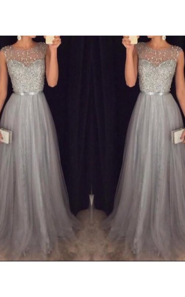 A-line Scoop Sleeveless Tulle Beading Sweep Train Dresses