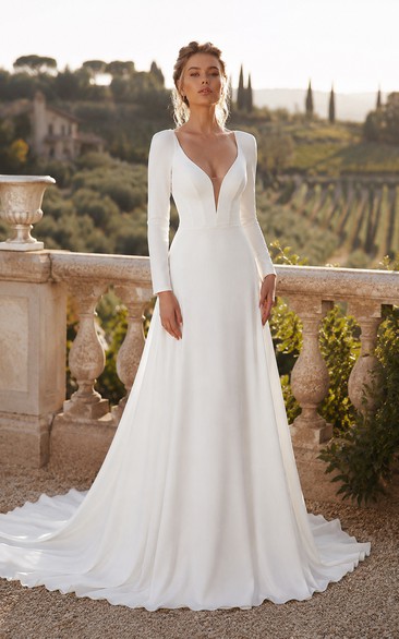 White Long Sleeve Plunging V-Neck A-Line Wedding Dress