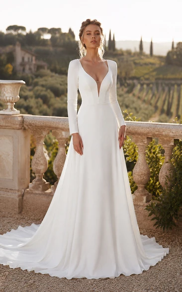White Long Sleeve Plunging V-Neck A-Line Wedding Dress